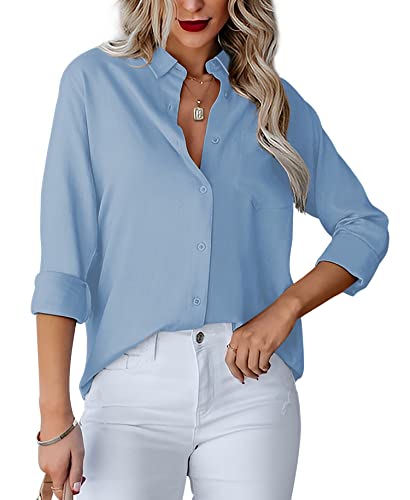 Homlan Damen Bluse V-Ausschnitt Hemd Langarm Elegant Lässige Oberteile Knopfleiste Hemdbluse Arbeit Einfarbig Langarmshirt mit Brusttaschen (Large, Hellblau) von Homlan