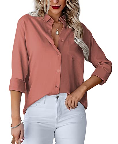 Homlan Damen Bluse V-Ausschnitt Hemd Langarm Elegant Lässige Oberteile Knopfleiste Hemdbluse Arbeit Einfarbig Langarmshirt mit Brusttaschen (Large, Orange) von Homlan