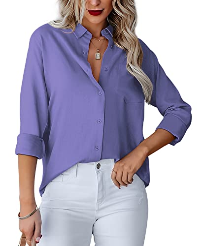 Homlan Damen Bluse V-Ausschnitt Hemd Langarm Elegant Lässige Oberteile Knopfleiste Hemdbluse Arbeit Einfarbig Langarmshirt mit Brusttaschen (Large, Violett) von Homlan