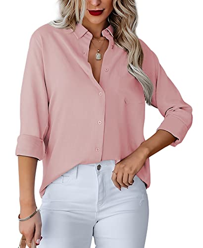 Homlan Damen Bluse V-Ausschnitt Hemd Langarm Elegant Lässige Oberteile Knopfleiste Hemdbluse Arbeit Einfarbig Langarmshirt mit Brusttaschen (Medium, Rosa) von Homlan