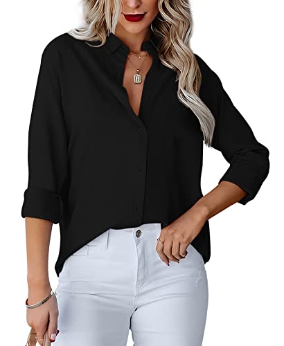 Homlan Damen Bluse V-Ausschnitt Hemd Langarm Elegant Lässige Oberteile Knopfleiste Hemdbluse Arbeit Einfarbig Langarmshirt mit Brusttaschen (Small, Schwarz) von Homlan