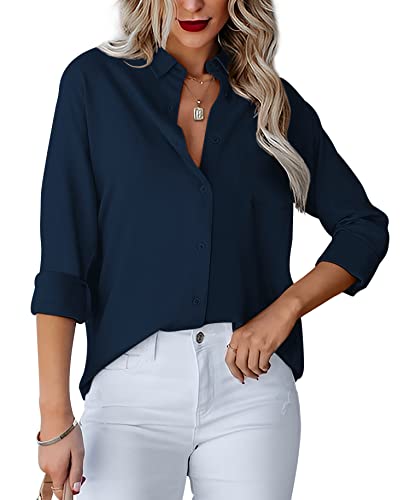 Homlan Damen Bluse V-Ausschnitt Hemd Langarm Elegant Lässige Oberteile Knopfleiste Hemdbluse Arbeit Einfarbig Langarmshirt mit Brusttaschen (X-Large, Dunkelblau) von Homlan