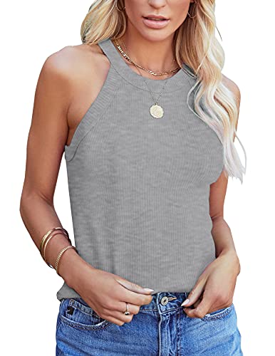 Homlan Damen Neckholder Ärmellose Tank Tops Racerback Rundhals Basic Slim Fit Shirts Elegant Oberteile Ribbed Knit Cami Top Sexy (Large, Grau) von Homlan