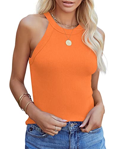 Homlan Damen Neckholder Ärmellose Tank Tops Racerback Rundhals Basic Slim Fit Shirts Elegant Oberteile Ribbed Knit Cami Top Sexy (Large, Orange) von Homlan