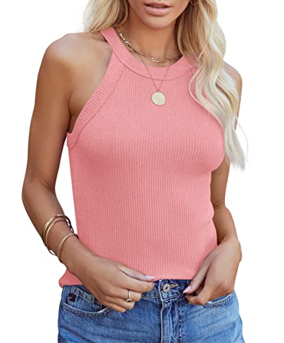 Homlan Damen Neckholder Ärmellose Tank Tops Racerback Rundhals Basic Slim Fit Shirts Elegant Oberteile Ribbed Knit Cami Top Sexy (Large, Rosa) von Homlan