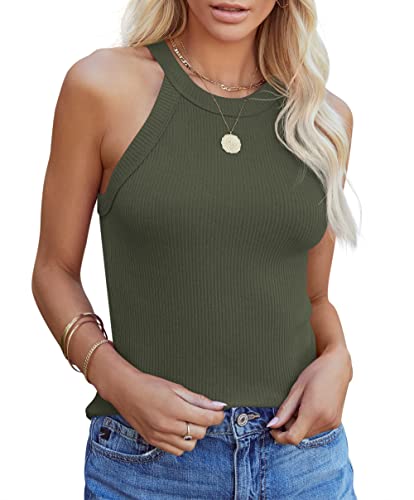 Homlan Damen Neckholder Ärmellose Tank Tops Racerback Rundhals Basic Slim Fit Shirts Elegant Oberteile Ribbed Knit Cami Top Sexy (Medium, Armeegrün) von Homlan