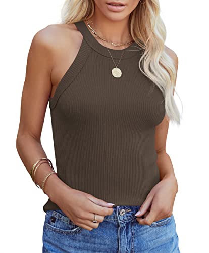 Homlan Damen Neckholder Ärmellose Tank Tops Racerback Rundhals Basic Slim Fit Shirts Elegant Oberteile Ribbed Knit Cami Top Sexy (Medium, Dunkelbraun) von Homlan