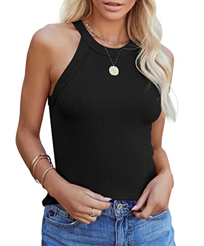 Homlan Damen Neckholder Ärmellose Tank Tops Racerback Rundhals Basic Slim Fit Shirts Elegant Oberteile Ribbed Knit Cami Top Sexy (Medium, Schwarz) von Homlan