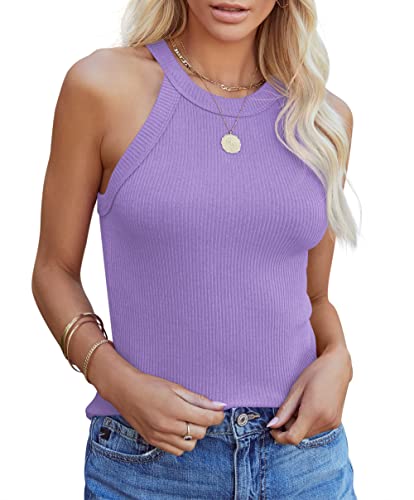 Homlan Damen Neckholder Ärmellose Tank Tops Racerback Rundhals Basic Slim Fit Shirts Elegant Oberteile Ribbed Knit Cami Top Sexy (Medium, Violett) von Homlan