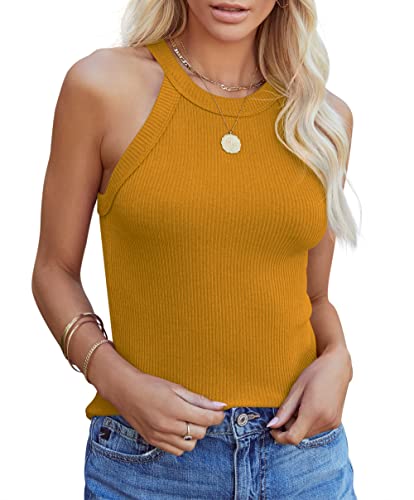 Homlan Damen Neckholder Ärmellose Tank Tops Racerback Rundhals Basic Slim Fit Shirts Elegant Oberteile Ribbed Knit Cami Top Sexy (Small, Gelb) von Homlan