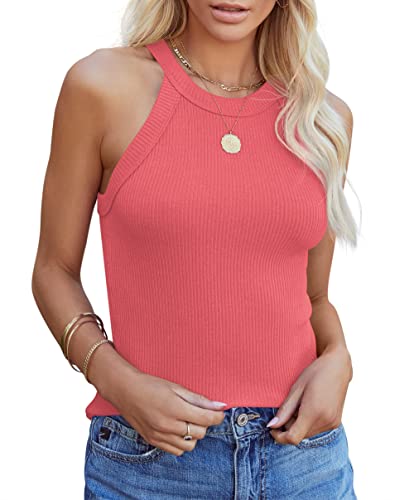 Homlan Damen Neckholder Ärmellose Tank Tops Racerback Rundhals Basic Slim Fit Shirts Elegant Oberteile Ribbed Knit Cami Top Sexy (X-Large, Wassermelone Rot) von Homlan