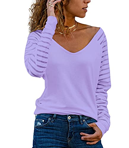 Homlan Damen Streifenshirt Langarm V Ausschnitt Mesh Oberteil Lose Bluse Elegant T-Shirt Casual Tunika Tops (Large, Violett) von Homlan