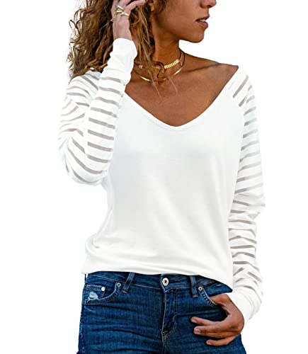 Homlan Damen Streifenshirt Langarm V Ausschnitt Mesh Oberteil Lose Bluse Elegant T-Shirt Casual Tunika Tops (Large, Weiß) von Homlan