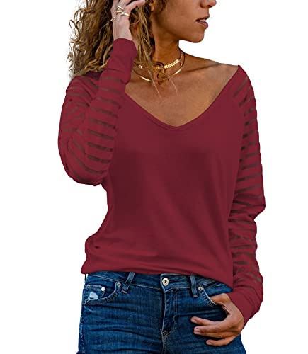 Homlan Damen Streifenshirt Langarm V Ausschnitt Mesh Oberteil Lose Bluse Elegant T-Shirt Casual Tunika Tops (Medium, Rotwein) von Homlan