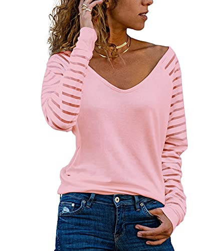 Homlan Damen Streifenshirt Langarm V Ausschnitt Mesh Oberteil Lose Bluse Elegant T-Shirt Casual Tunika Tops (Small, Rosa) von Homlan