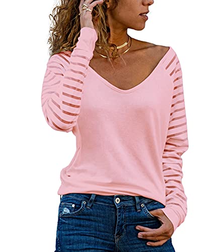 Homlan Damen Streifenshirt Langarm V Ausschnitt Mesh Oberteil Lose Bluse Elegant T-Shirt Casual Tunika Tops (XX-Large, Rosa) von Homlan