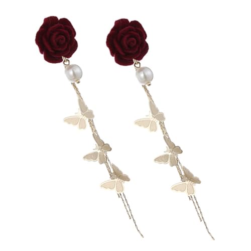 Homoyoyo 1 Paar Retro rote Blumenohrringe Ohrringe mit Zinklegierung Modeohrringe Mädchen Ohrringe Schmetterlings-Quasten-Ohrhänger als Ohrring-Partygeschenk von Homoyoyo