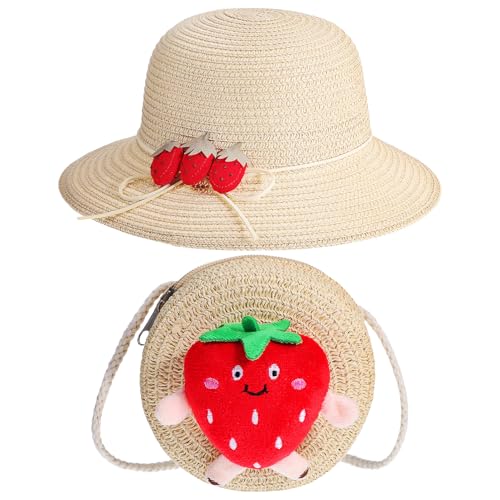 Homoyoyo 1 Set Jungen Und Mädchen Stroh Tasche Hut Set Erdbeere Geldbörse Handtasche Umhängetasche Stroh Gewebte Geldbörse von Homoyoyo