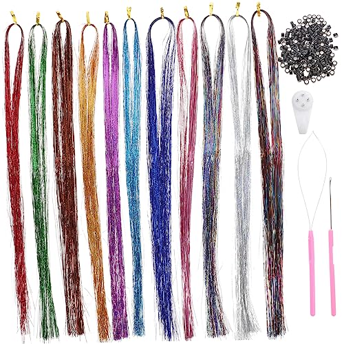 Homoyoyo 1 Satz Haarverlängerungs Set mit Glitzerfäden und Werkzeugen Lange Farbige Haarsträhnen für und Mädchen für Fotografie Cosplay und Partys Silikon Klemmen und Häkelnadel von Homoyoyo