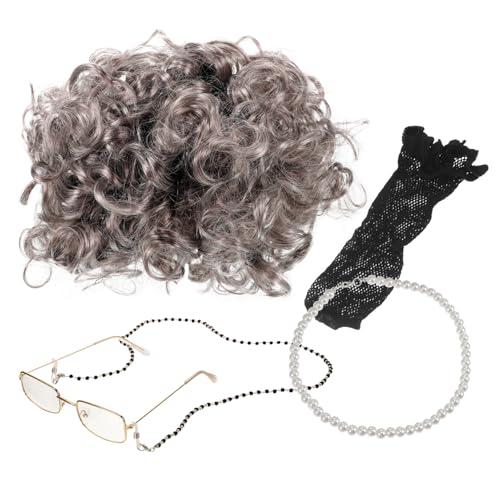 Homoyoyo Perücken-set Für Frauen Mit Brille Und Halskette Kostüm-requisiten Für Damen Graue Perücke Für Cosplay Und Verkleidungspartys von Homoyoyo