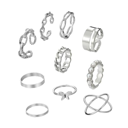 Homoyoyo 1Satz Stapelbarer Ring für Damen Teiliges Minimalistisches Finger Ring mit Perlen Verstellbaren Designs für Knöcheldekoration Modischer Modeschmuck Silber von Homoyoyo
