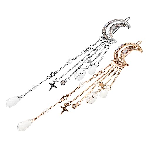 Homoyoyo 2 Stück Quasten Haarspangen mit Lange Kette Haarnadeln für Damen Party Haarschmuck Mondform Haarklips von Homoyoyo