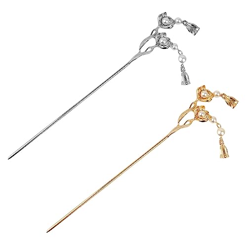 Homoyoyo 2 Stück Teiliges Haarschmuck Damen Haarstäbe mit Blumen Design Leichte Stabile Metall Haarnadeln Silber und Gold Retro Stil für Sichere Hochsteckfrisuren und Vielseitige Haar von Homoyoyo