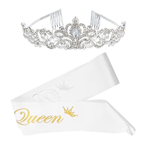 Homoyoyo 2 Stück Teiliges Prom Queen Set mit Funkelnder Kristallkrone und Schärpe für Hochzeit Abschlussball Party Haarschmuck mit Festem Sitz und Glamourösem Design von Homoyoyo