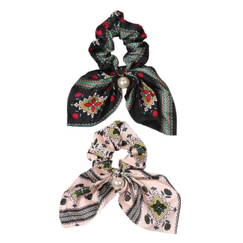 Homoyoyo 2er Set Chiffon Haarband Mit Blumenmuster Und Schleifen - Perlen-Pferdeschwanzhalter Für Frauen Eleganter Haarschmuck in Bunten Designs Für Jeden Anlass von Homoyoyo