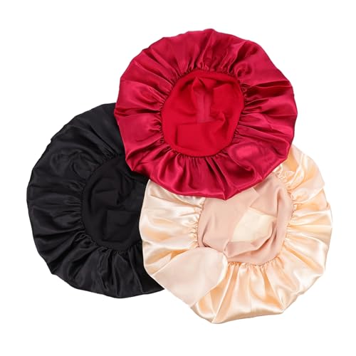 Homoyoyo 3 Stück Doppellagige Schlafhaube aus Faux Seide Verstellbare Mütze für Damen Hautfreundlich und Atmungsaktiv für Nächte und Pflege Khaki Schwarz und Weinrot von Homoyoyo