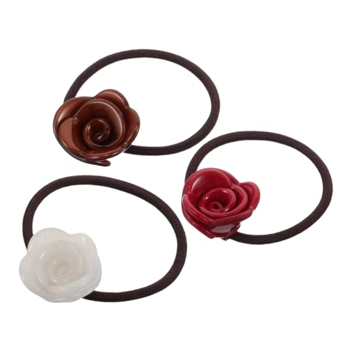 Homoyoyo 3 Stück Elastische Haargummis mit Rosenblüten-design Strapazierfähige und Dehnbare Haarschleifen für Frauen Schonende Dekorative Haarbänder in Rot Creme und Schokolade für Dickes von Homoyoyo