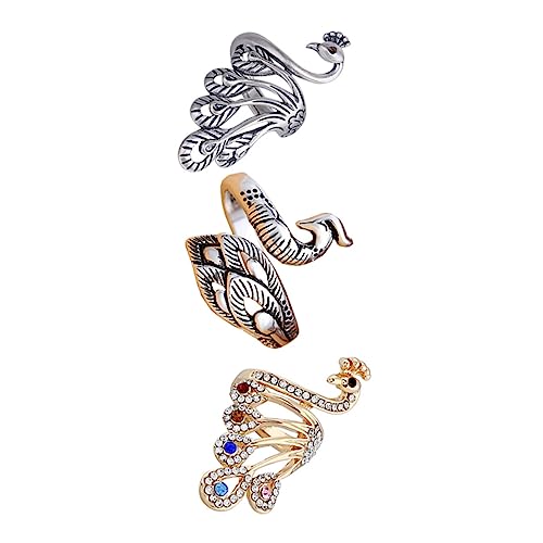 Homoyoyo 3 Stück Ethnischer Verstellbare Häkelringe mit Pfauenmotiv Offener Ring Antikem Silber und Goldfarben mit Strass Finger Ringe für Damen Handgefertigter Schmuck von Homoyoyo