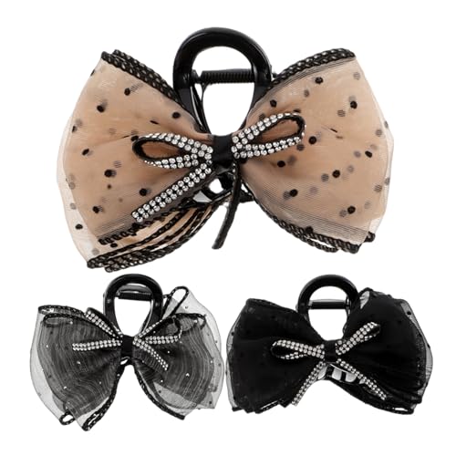 Homoyoyo 3 Stück Teiliges Bogen Haarspangen für Damen Krallenclips mit Glitzersteinchen und Netzdesign für Dickes und Dünnes Haar Schwarz und Champagner von Homoyoyo