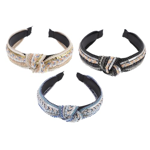 Homoyoyo 3 Stück Teiliges Perlen und Pailletten Haarband mit Knoten Geflochtenes Haarschmuck in Beige Blau Schwarz Weiches Damen Stirnband für Alltag und Festliche Anlässe von Homoyoyo
