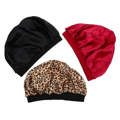 Homoyoyo 3 Stück Teiliges Satin Schlafhauben Damen Elastisch Bequem Vielseitig als Chemo und Duschhaube Geeignet Leopard Schwarz Weinrot von Homoyoyo