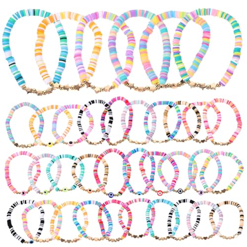 Homoyoyo 36 Stück Teiliges Armband Polymer Clay Stapelbare Perlenarmbänder für Damen Leicht Modischer Schmuck für Outfit für Besondere Anlässe von Homoyoyo