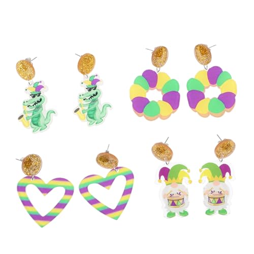 Homoyoyo 4 Paare Bunte Karneval Ohrringe Glitzernde Ohrhänger mit Herz und Alligator Motiven Kreative Damen Schmuckstücke für Party Fest und Alltag Auffällige Statement Ohrstecker von Homoyoyo