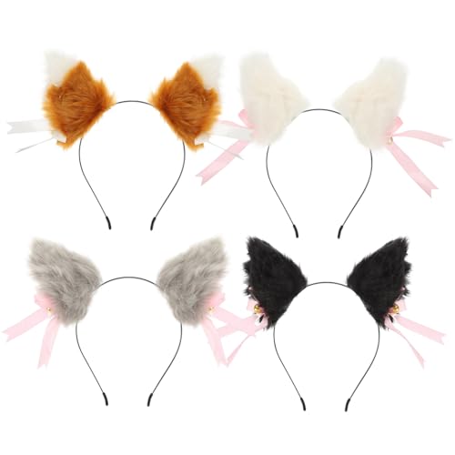 Homoyoyo 4 Paare Katzenohren Haarklammern mit Doppelbowknot Plüsch Haarspangen mit Glöckchen für Cosplay Partys und Festivals Niedliches Kostümzubehör für Mädchen und Damen von Homoyoyo