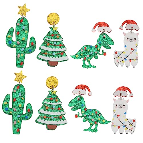 Homoyoyo 4 Paare Weihnachts Ohrringe mit Dinosaurier Weihnachtsbaum Kaktus und Ohrstecker Festliche Ohrschmuck für Weihnachtsfeier und Party Auffälliges Design für Damen und Mädchen von Homoyoyo