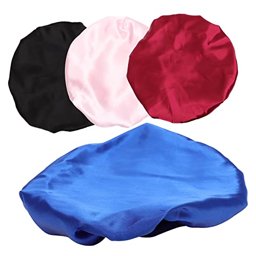 Homoyoyo 4 Stück Satin Schlafhaube für Damen Teiliges in Schwarz Blau und Elastische Haube für Haarschutz zum Schlafen Verhindert Frizz und Hält Haare Glatt von Homoyoyo