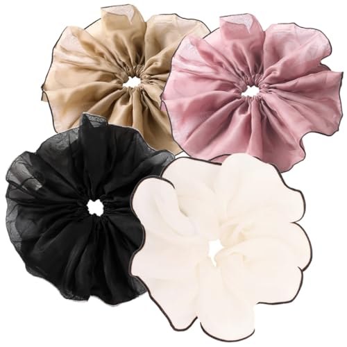 Homoyoyo 4 Stück Teiliges Elastisches Haarband Übergroße Netz Haargummis für Damen Dehnbar Sanft zum Haar Modische Styling Accessoires in Schwarz Khaki Rosa und Weiß Vielseitig für Alltag von Homoyoyo
