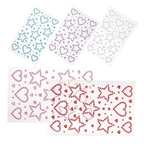 Homoyoyo 5 Blätter Selbstklebende Gesichtsteine Herz Stern Strass Aufkleber für Festival Make-up Hautfreundlich Schweißresistent Auffällige Muster für Partys und DIY Schminke von Homoyoyo