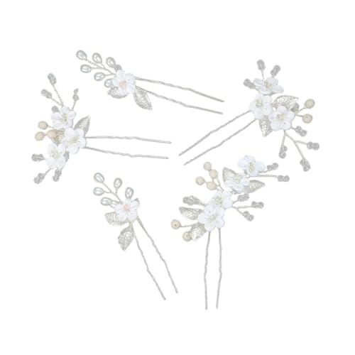 Homoyoyo 5 Stück U förmige Haarnadeln mit Weißen Blumen und Silbernen Metallblättern Hochzeit Brautschmuck Haarklammern mit Strassverzierung Komfortable Haarnadeln für Damen und Festliche von Homoyoyo