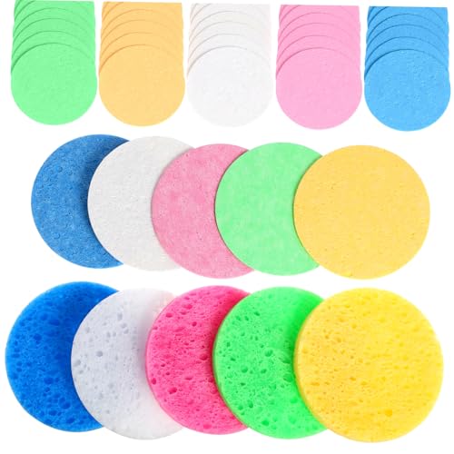 Homoyoyo 50 Stück Wiederverwendbare Tragbare Runde Gesichtsreinigungsschwämme aus Natürlichem Material Sanftes Peeling Make Up Entferner Pads für Tägliche Reinigung und Abschminken von Homoyoyo