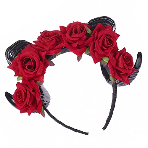 Homoyoyo Blumen und Hörner Stirnband mit Kunstrosen für Halloween Cosplay und Partys Haaraccessoire für und Mädchen Wiederverwendbar Auffälliges Design Einfach zu Tragen von Homoyoyo