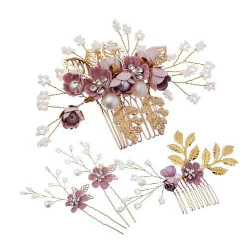 Homoyoyo Blumiger Haarkamm Set mit Perlen und Strasssteinen Teiliges Braut Haar Accessoire für Hochzeit Seitenkämme und Haarnadeln Handgefertigter Haarschmuck für Damen Violettes Design von Homoyoyo