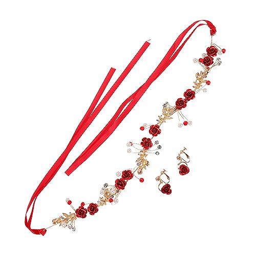 Homoyoyo Braut Set Rotes Rosen Blumen Haarband mit Strass Ohrringen Eleganter Brautschmuck für Hochzeit Einfach zu Tragen Glänzend und Zart Geeignet für Besondere Anlässe Wie Feier und von Homoyoyo