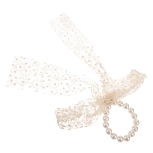 Homoyoyo Damen Haargummi mit Perlen Romantischer Netzstoff Schleifen Design Besticktes Modisches Zopfgummi für Stilvolle Pferdeschwanzhalterung Zartes Haaraccessoire in Beige von Homoyoyo