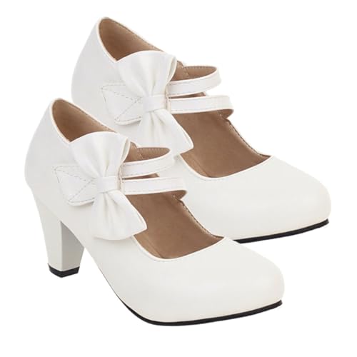 Homoyoyo Damen High Heels mit Grobem Absatz und Kreativem Schleifendetail rutschfest Modisch und für Partys und Alltag Weiße Mary Pumps von Homoyoyo
