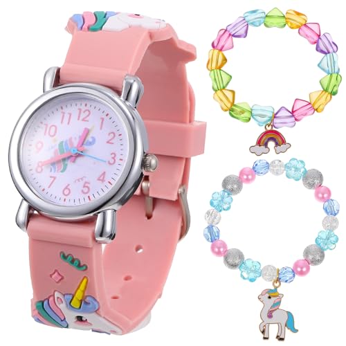 Homoyoyo Einhorn Kinderuhr und Armband Set Quarz Uhr mit Buntem Band Herzperlen und Einhorn für Mädchen zu Weihnachten und Geburtstagsfeiern von Homoyoyo